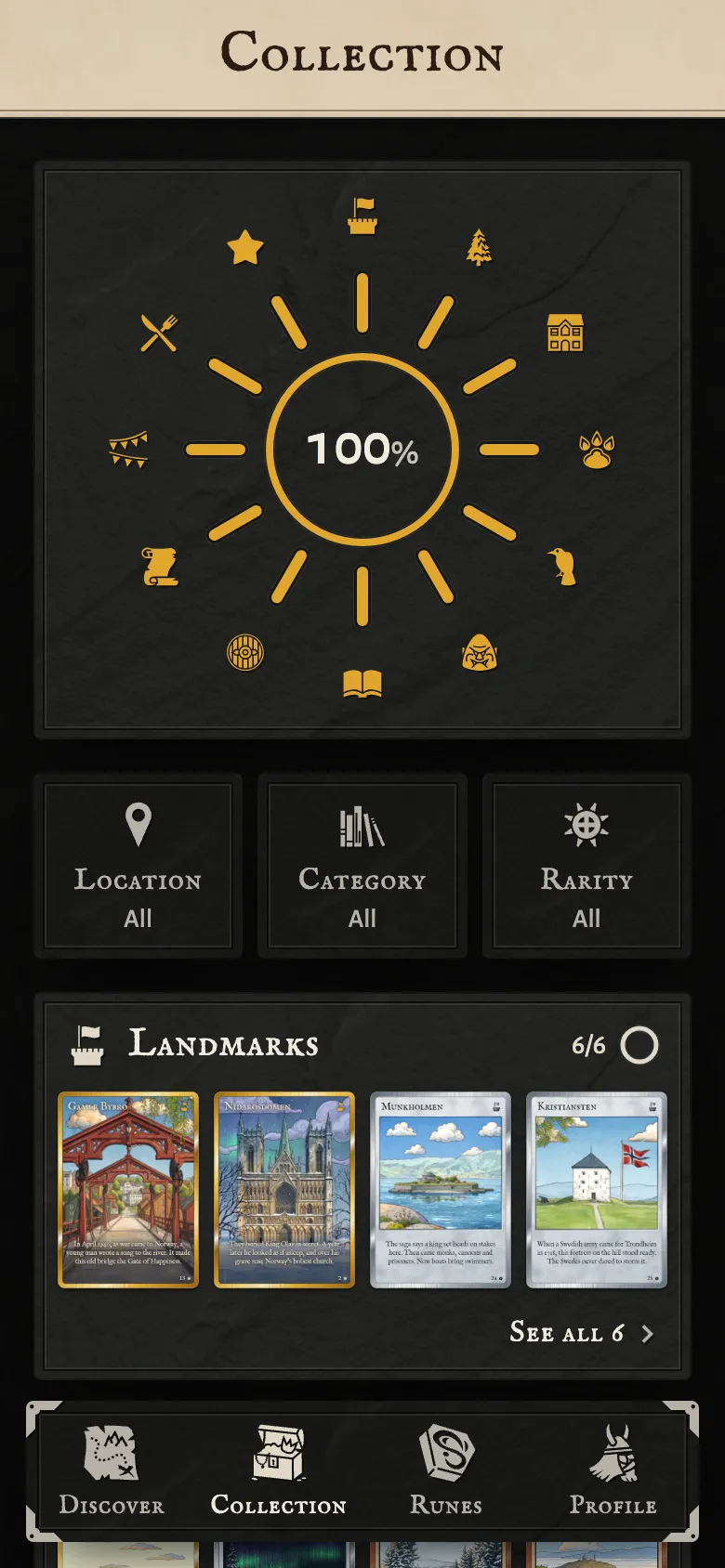 The collection: a sun of how much is found, and the landmark cards in a row