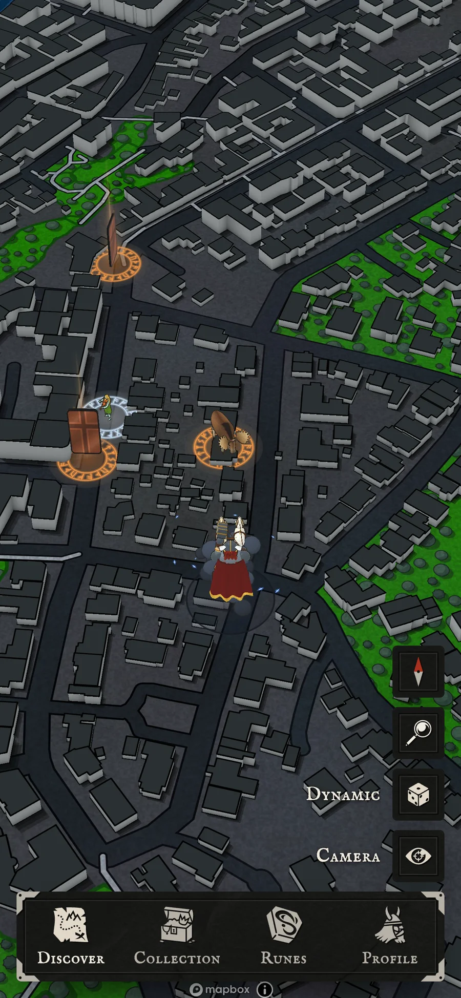 The map close up: Thor stands where you are, with cards on glowing rings in the streets round him, a moose on a bronze ring and Fossegrimen with her fiddle on a silver one